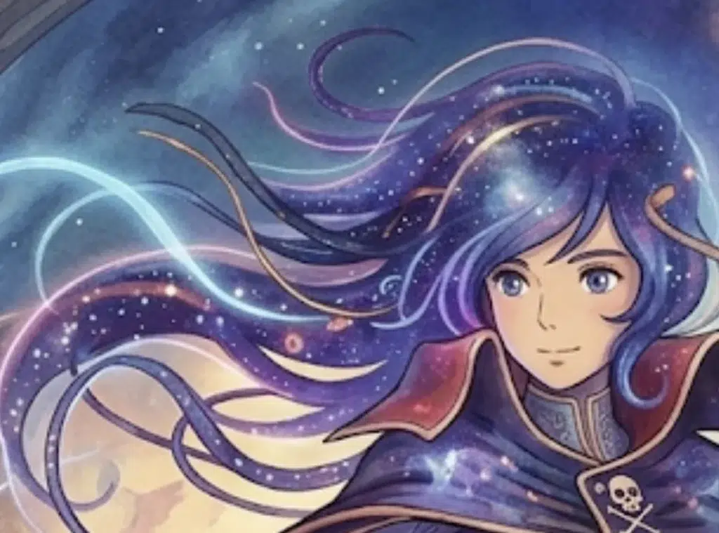 Illustrazione di una figura femminile con lunghi capelli stellati che si dissolvono nello spazio