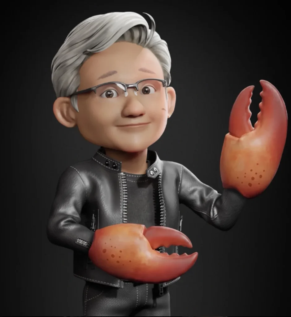 Caricatura del fondatore di Nvidia in giacca di pelle, con due grosse chele di aragosta al posto delle mani