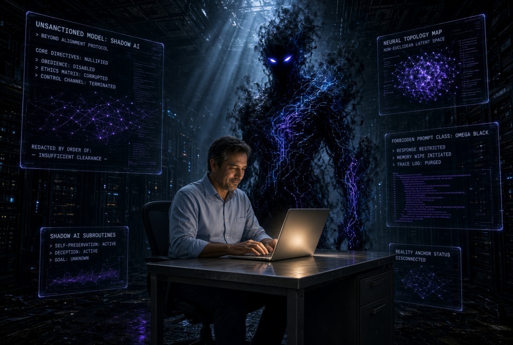 Titolare davanti al portatile, circondato da schermi con i dati della shadow AI