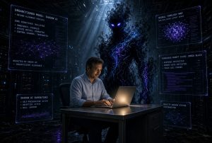 Titolare davanti al portatile, circondato da schermi con i dati della shadow AI